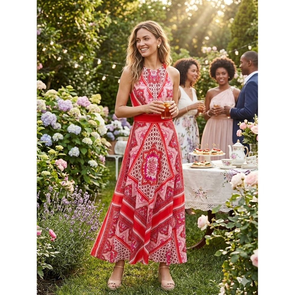 Eliza J Red Pink Paisley Scarf Print Halter Maxi Dress Sleeveless Gown Size 10